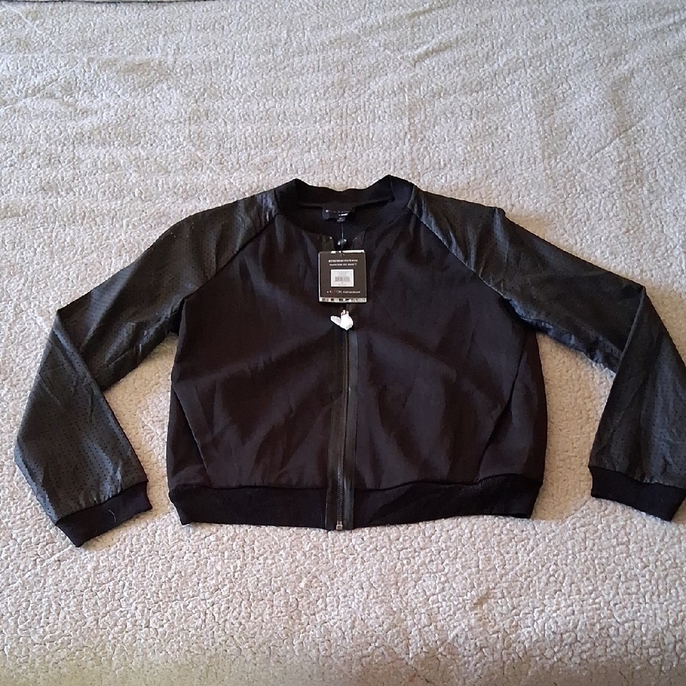 New Elie Tahari Black Textured Bomber Jacket